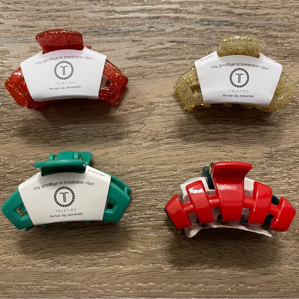 Teleties Pack of 4 Hair Claw Clips — Red, Gold, Green & Green/Red - Tiny
